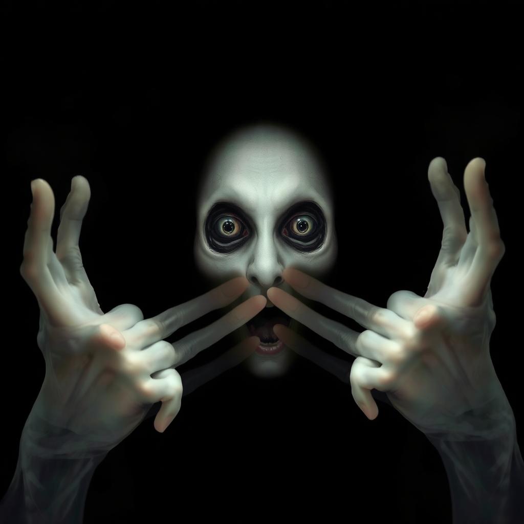 A horror-themed image with a dominant black background, creating a dark and eerie atmosphere