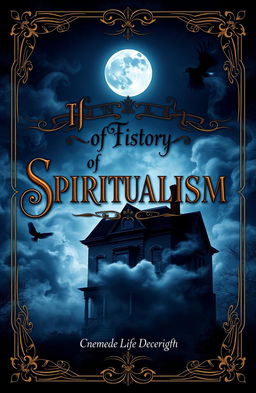 A comprehensive book cover design featuring a dark, mystical theme that captures the essence of the history of spiritualism