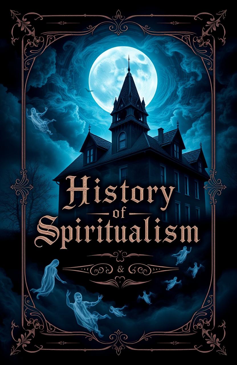 A comprehensive book cover design featuring a dark, mystical theme that captures the essence of the history of spiritualism