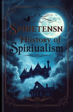 A comprehensive book cover design featuring a dark, mystical theme that captures the essence of the history of spiritualism