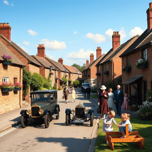 A picturesque scene of England in 1918, showcasing a quaint street in a small town