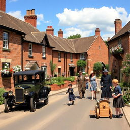 A picturesque scene of England in 1918, showcasing a quaint street in a small town
