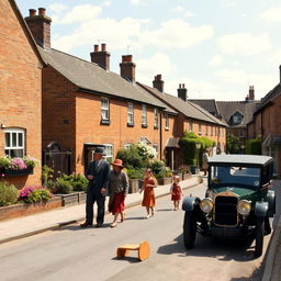 A picturesque scene of England in 1918, showcasing a quaint street in a small town