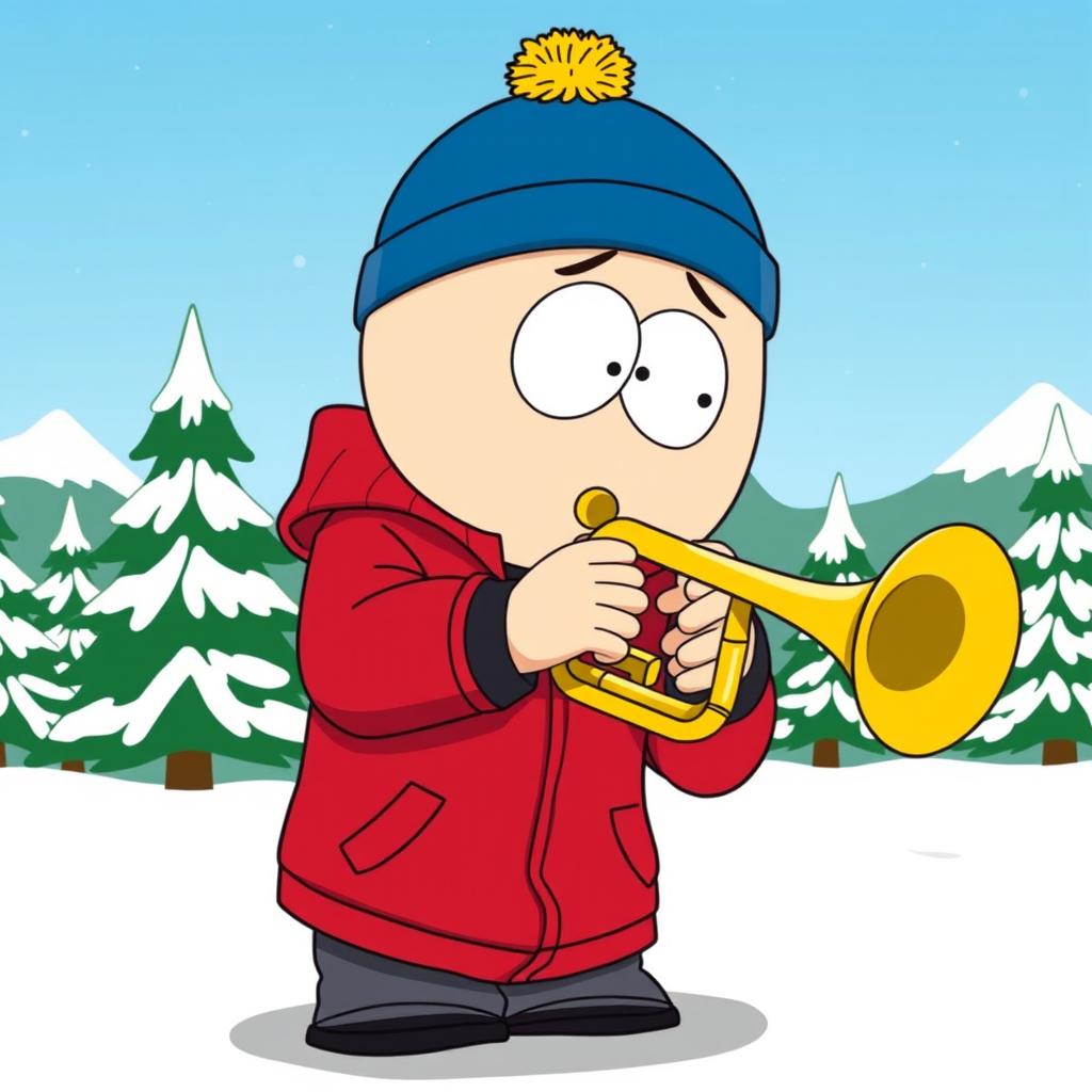 A cartoon-style illustration featuring Eric Cartman from South Park playing a trumpet