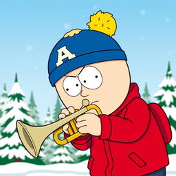 A cartoon-style illustration featuring Eric Cartman from South Park playing a trumpet