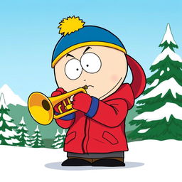 A cartoon-style illustration featuring Eric Cartman from South Park playing a trumpet