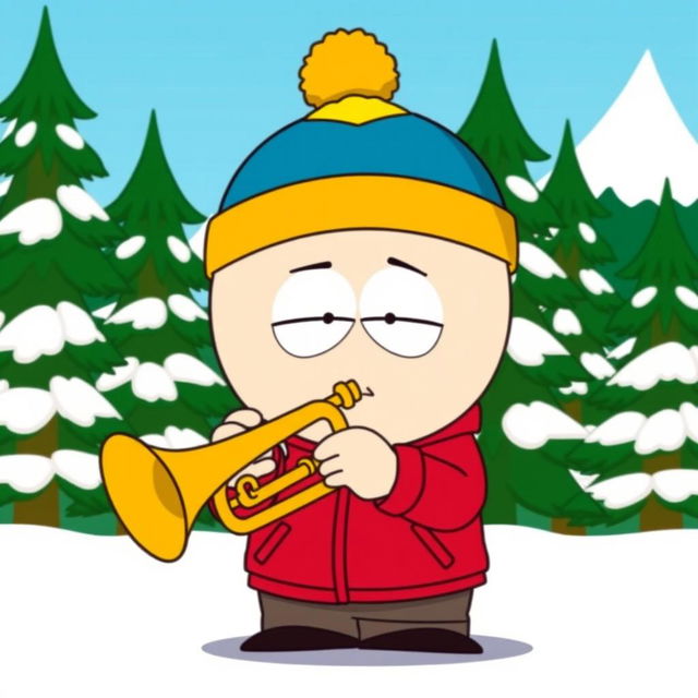 A cartoon-style illustration featuring Eric Cartman from South Park playing a trumpet