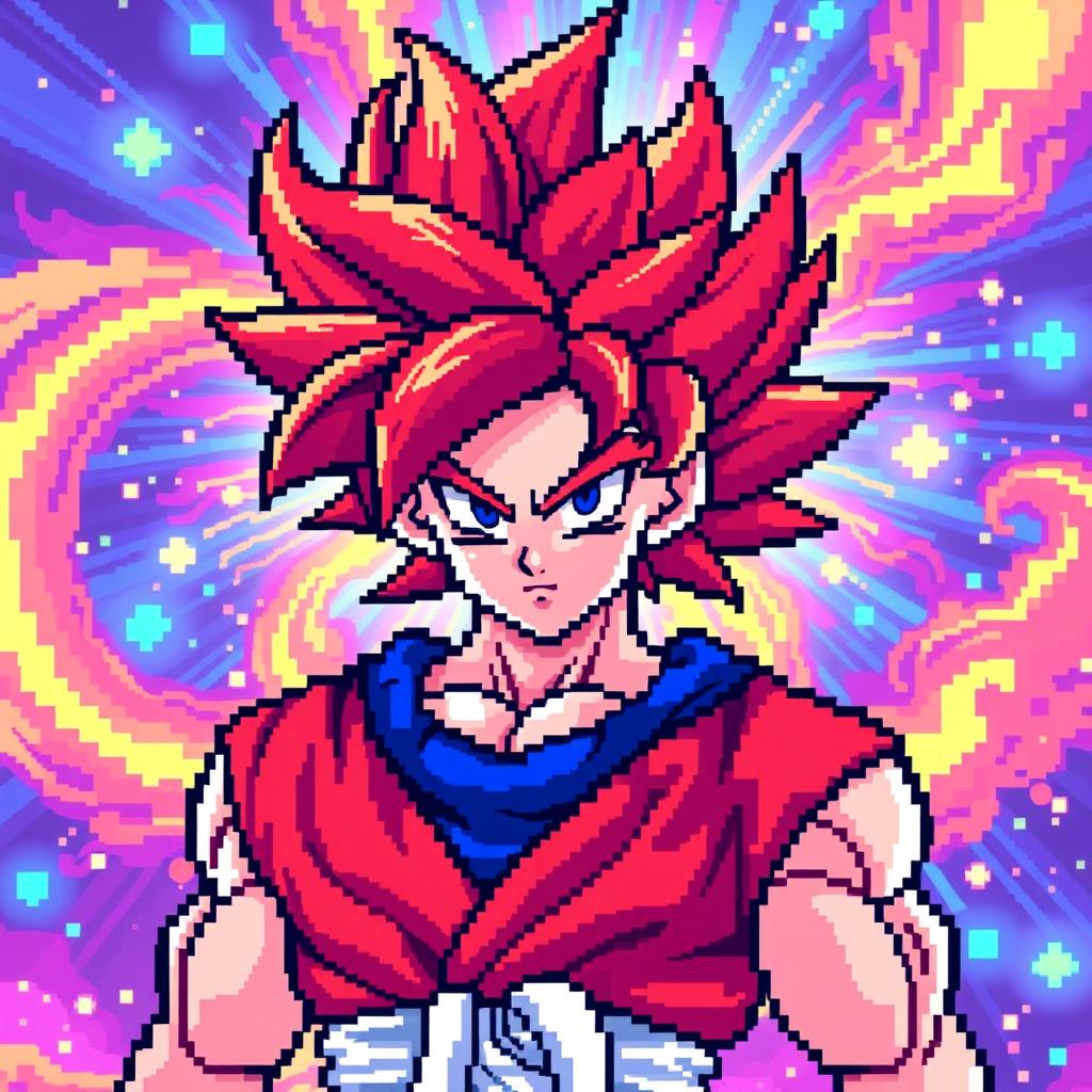 A vibrant pixel art depiction of Goku in his Super Saiyan God form, showcasing his iconic red hair and blue gi with white accents