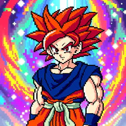 A vibrant pixel art depiction of Goku in his Super Saiyan God form, showcasing his iconic red hair and blue gi with white accents