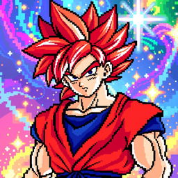 A vibrant pixel art depiction of Goku in his Super Saiyan God form, showcasing his iconic red hair and blue gi with white accents