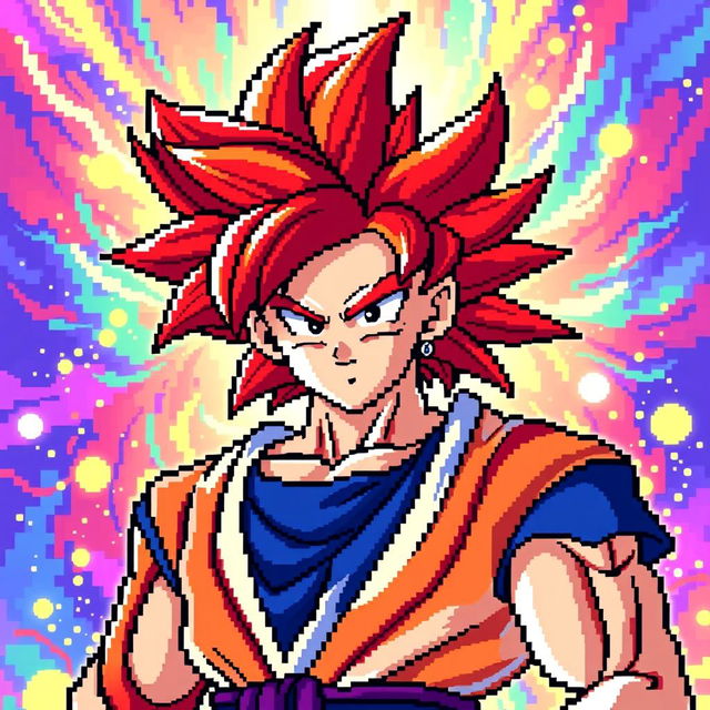 A vibrant pixel art depiction of Goku in his Super Saiyan God form, showcasing his iconic red hair and blue gi with white accents