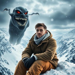An engaging book cover featuring a 30-year-old man sitting at the edge of a snowy mountain, wrapped in warm winter gear