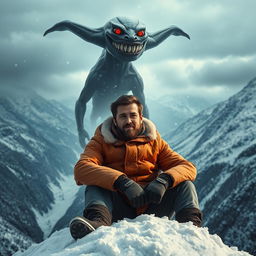 An engaging book cover featuring a 30-year-old man sitting at the edge of a snowy mountain, wrapped in warm winter gear