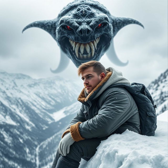 An engaging book cover featuring a 30-year-old man sitting at the edge of a snowy mountain, wrapped in warm winter gear