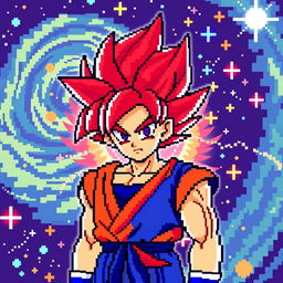 A colorful pixel art depiction of Goku in his Super Saiyan God form, characterized by his striking red spiky hair and his traditional blue gi with orange accents