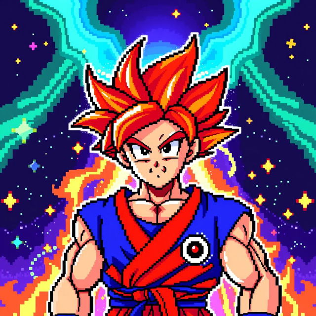 A colorful pixel art depiction of Goku in his Super Saiyan God form, characterized by his striking red spiky hair and his traditional blue gi with orange accents