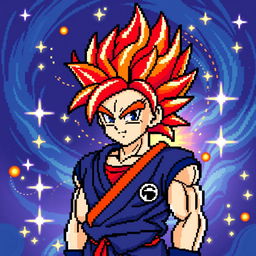 A colorful pixel art depiction of Goku in his Super Saiyan God form, characterized by his striking red spiky hair and his traditional blue gi with orange accents