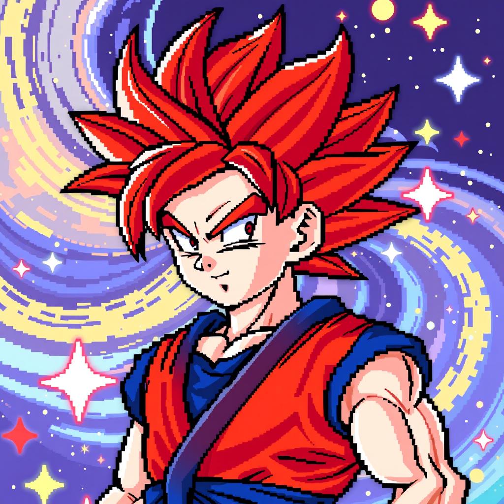 A colorful pixel art depiction of Goku in his Super Saiyan God form, characterized by his striking red spiky hair and his traditional blue gi with orange accents