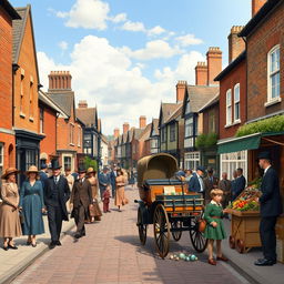 A vibrant and historical portrayal of England in 1918, featuring a bustling street scene in a typical town