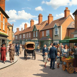 A vibrant and historical portrayal of England in 1918, featuring a bustling street scene in a typical town