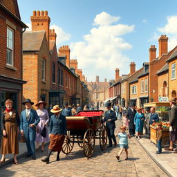 A vibrant and historical portrayal of England in 1918, featuring a bustling street scene in a typical town