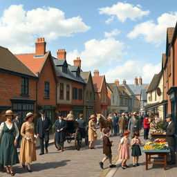 A vibrant and historical portrayal of England in 1918, featuring a bustling street scene in a typical town