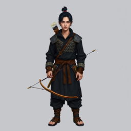 A standing male medieval human explorer with short black hair styled in a manbun, showcasing Asian features