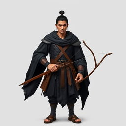 A standing male medieval human explorer with short black hair styled in a manbun, showcasing Asian features