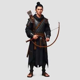 A standing male medieval human explorer with short black hair styled in a manbun, showcasing Asian features