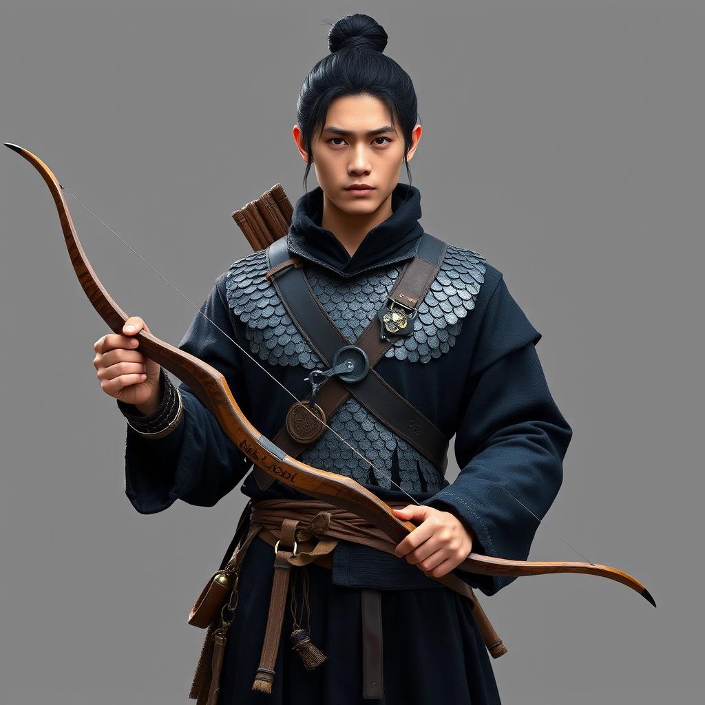 A standing male medieval human explorer with short black hair styled in a manbun, showcasing Asian features