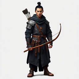 A standing male medieval human explorer with short black hair styled in a manbun, featuring Asian characteristics