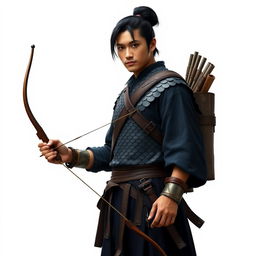 A standing male medieval human explorer with short black hair styled in a manbun, featuring Asian characteristics