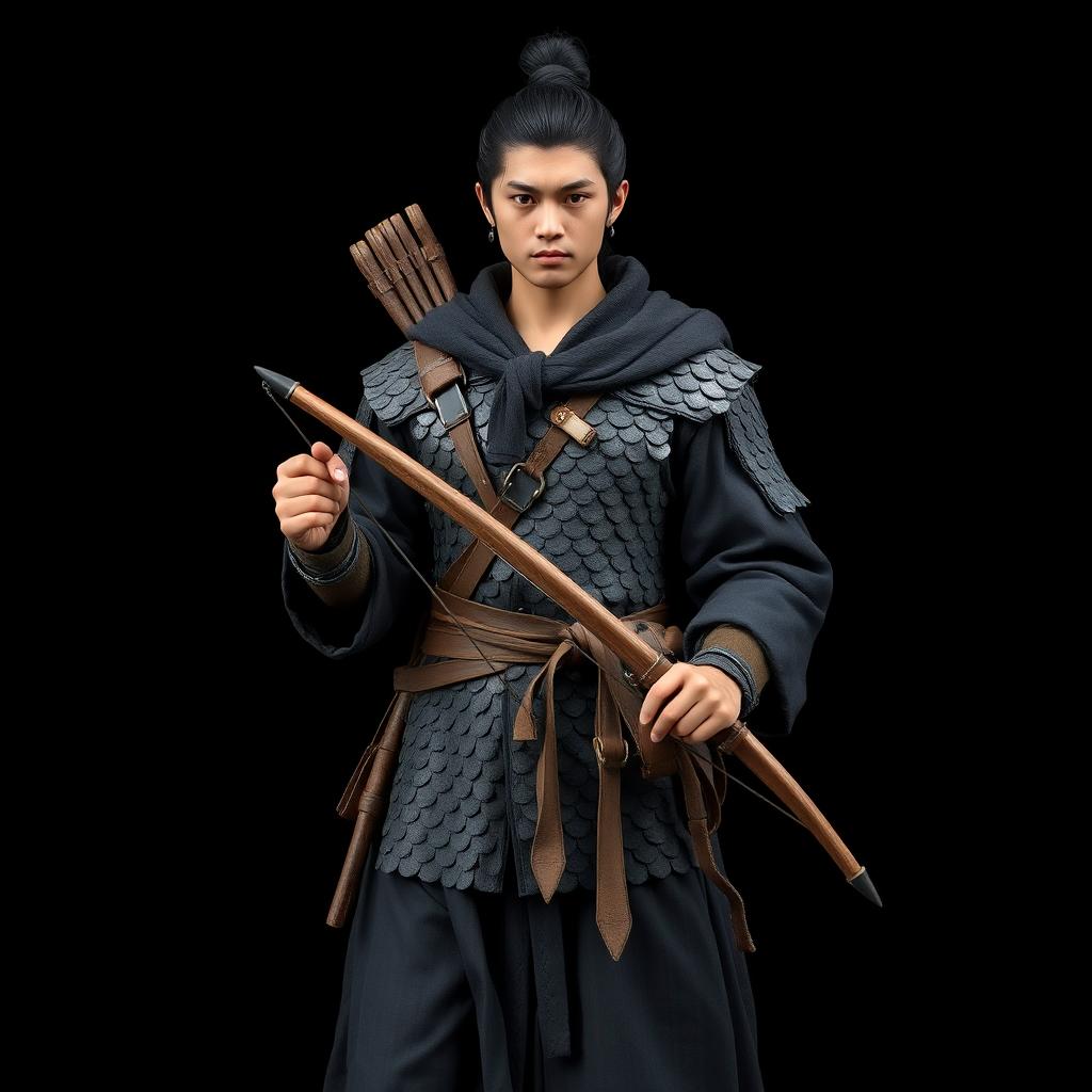 A standing male medieval human explorer with short black hair styled in a manbun, featuring Asian characteristics