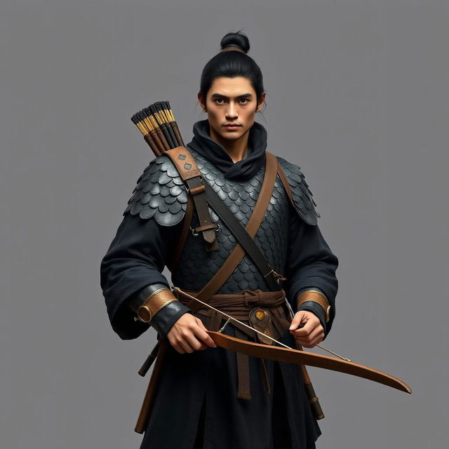 A standing male medieval human explorer with short black hair styled in a manbun, featuring Asian characteristics