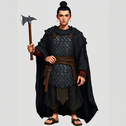 A standing male medieval human explorer with short black hair styled in a manbun, exhibiting Asian features