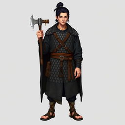 A standing male medieval human explorer with short black hair styled in a manbun, exhibiting Asian features
