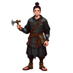A standing male medieval human explorer with short black hair styled in a manbun, exhibiting Asian features