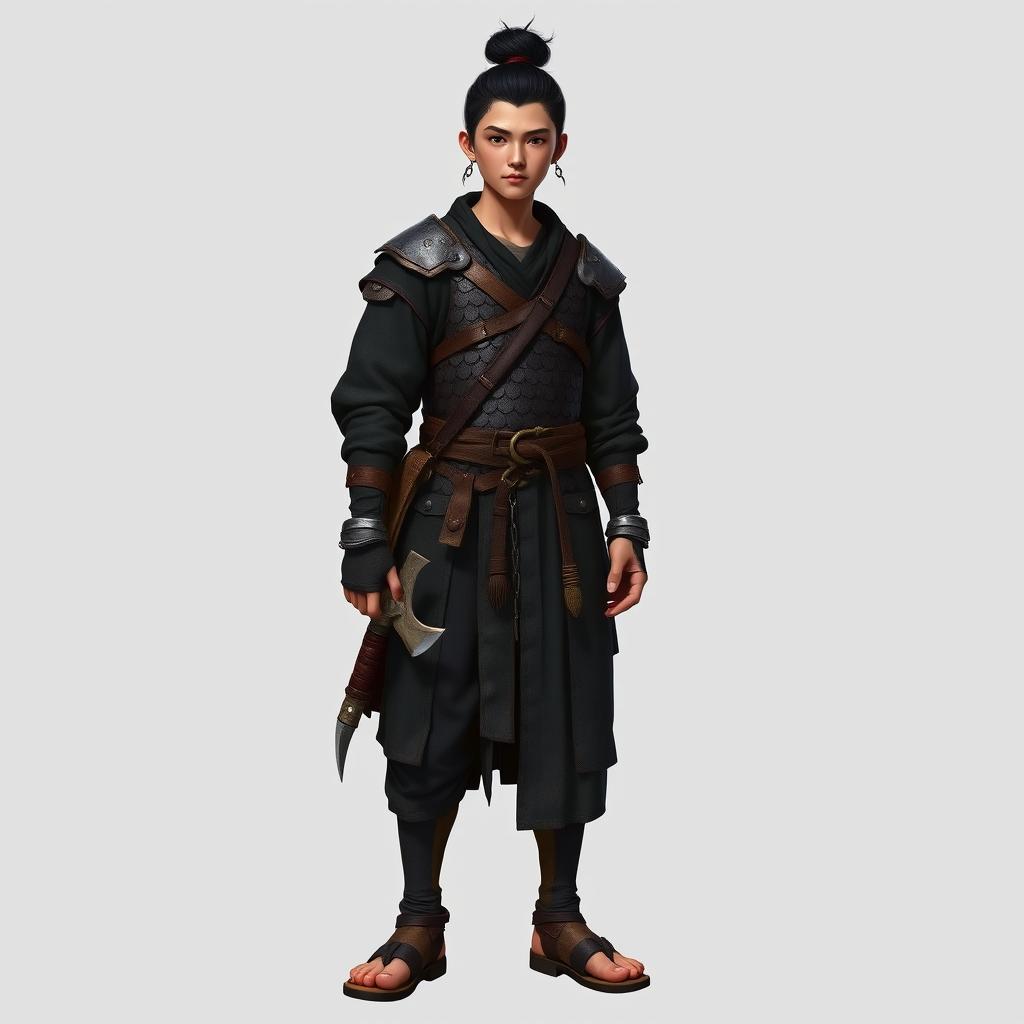 A standing male medieval human explorer with short black hair styled in a manbun, exhibiting Asian features