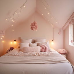 A cosy, cute bedroom adorned with light pastel colors, fluffy pillows, warm lights, and minimalist furniture.