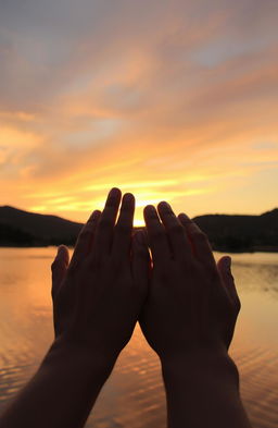 A serene sunset atmosphere with soft golden and pink hues in the sky, two hands almost touching, symbolizing unspoken love and hidden feelings