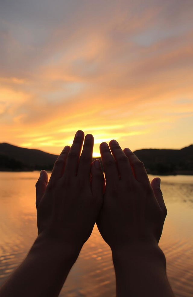 A serene sunset atmosphere with soft golden and pink hues in the sky, two hands almost touching, symbolizing unspoken love and hidden feelings