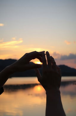 A serene sunset atmosphere with soft golden and pink hues in the sky, two hands almost touching, symbolizing unspoken love and hidden feelings