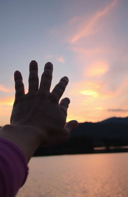 A serene sunset atmosphere with soft golden and pink hues in the sky, two hands almost touching, symbolizing unspoken love and hidden feelings