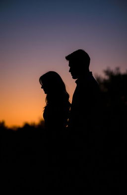 A silhouette of a couple standing close together yet not touching, surrounded by soft evening light with hues of orange and purple