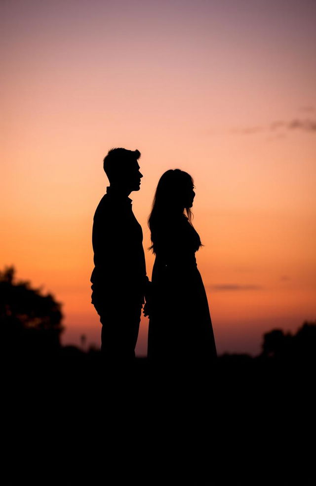 A silhouette of a couple standing close together yet not touching, surrounded by soft evening light with hues of orange and purple