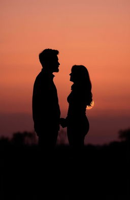 A silhouette of a couple standing close together yet not touching, surrounded by soft evening light with hues of orange and purple