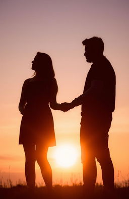 A silhouette of a couple standing close together yet not touching, surrounded by soft evening light with hues of orange and purple