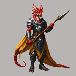 A standing male dragonborn paladin with vibrant red scales, exuding an aura of strength and nobility