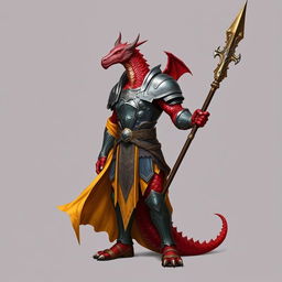 A standing male dragonborn paladin with vibrant red scales, exuding an aura of strength and nobility