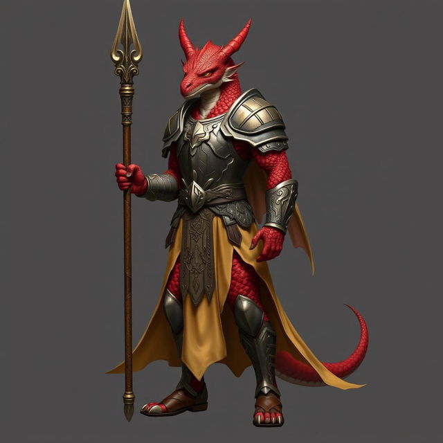 A standing male dragonborn paladin with vibrant red scales, exuding an aura of strength and nobility